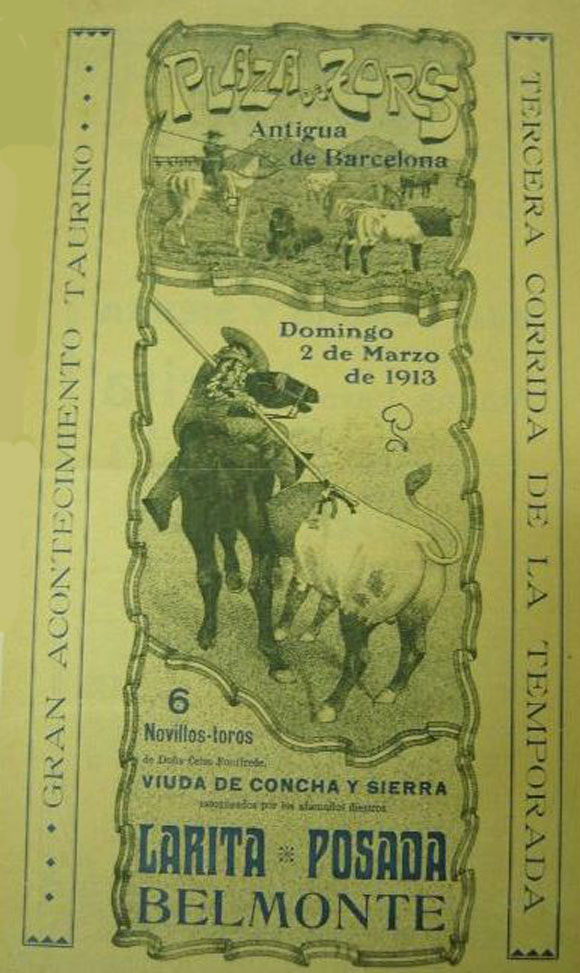 Cartel Novillada de Belmonte en Barcelona el 2 de Marzo de 1913